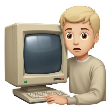Young man with surprised expression looking at a very old, bulky desktop computer from the 1990s with CRT monitor sticker