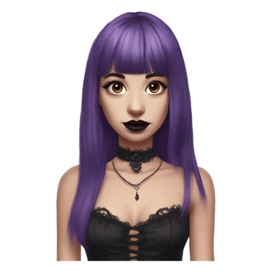 one single alt portrait women, purple hair, kinda long hair, short bangs, dark makeup, dark pink lips, gothic detailed slip dress, white skin  sticker