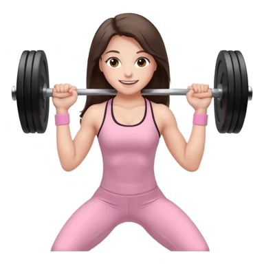 white happy brunette teen long hair with hazel eyes in light pink workout clothes holding a barbell bending over sticker