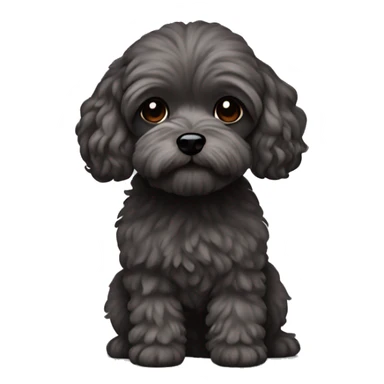 Brunette girl long straight hair, holding a dark gray maltipoo with a white snout sticker