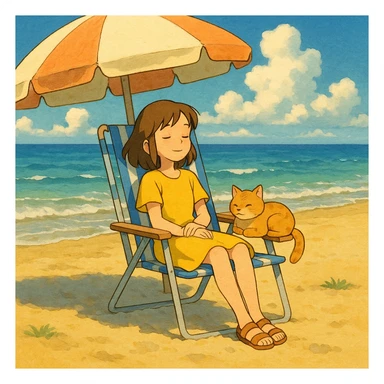 girl and her cat on the beach, sitting in a chair under the sun, ghibli style sticker