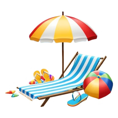 Icon for Beach Tourism: a sandy beach with a beach umbrella, with the ocean landscape in the background, flip-flops, a towel and a beach ball. The icon should capture the relaxation and fun of beach vacations. Transparent background. sticker