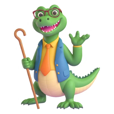 a grandpa alligator, gentle and wise, with glasses and a cane, in a friendly pose sticker