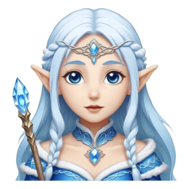 Legendary fantasy Christmas elf portrait icon, Santa Claus and Snow Maiden inspired, ancient winter spirit style, long flowing white-blue hair, glowing frost eyes, crystal staff, elegant elven features, divine winter magic aura, icy silver color palette, highly detailed but clean emoji icon sticker