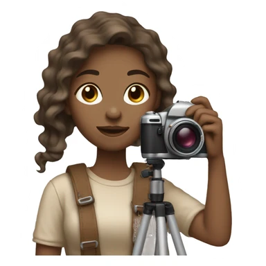 An aesthetic girl photographer holding a camera (in beige, neutral tones) light skin tone, mid hair length with brown waves  sticker