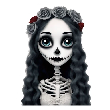 full height skeleton, tim burton "corpse bride", thin porcelain doll with a cracked face, goth makeup watery eyes, long hair, lace and ruffles, lolita style, inked, black and white, red roses sticker