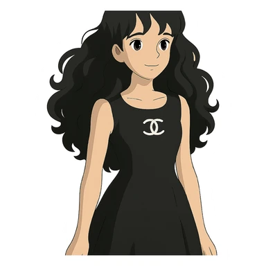 light skin girl with black very long curly hair, brown eyes, wearing a black Chanel dress, in ghibli style sticker
