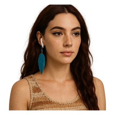 Boho-modern young woman: fair skin, freckles, oval face, defined cheekbones, meditative look. Hazelnut brown almond eyes, bold eyeliner, thick arched brows. Long, wavy, deep dark red hair, two loose strands. AirPods, woven boho top in natural colors, blue feather earring, nose piercing right. Calm, creative, artistic, modern. sticker