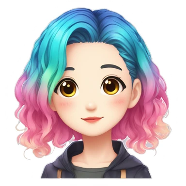 Gorgeous anime style shojo character with blushing face aesthetic and pretty colorful shiny gradient neon hair with hair garment trending style sticker