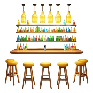 A 3D cartoon bar counter with tall stools, hanging yellow lights, and shelves filled with colorful bottles in the background. Smooth textures, warm ambient lighting, realistic reflections, dark background, Memoji-style design. sticker