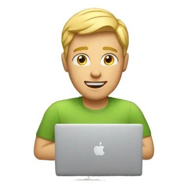 a blonde guy working behind a macbook sticker