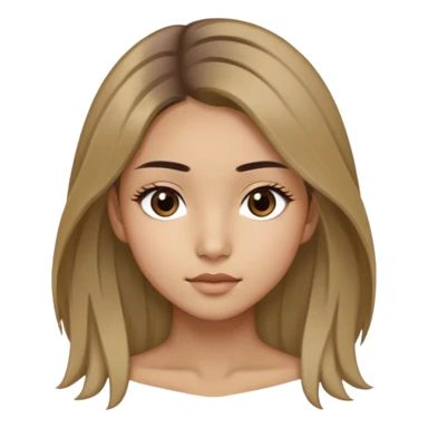 A thin girl with Mongolian roots, shoulder-length dark blonde hair with light strands framing her face, large slightly slanted dark brown eyes, olive skin, and medium-width light brown eyebrows sticker