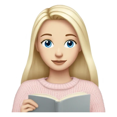 Pretty blue eyed white girl with light pink sweater reading cozy sticker
