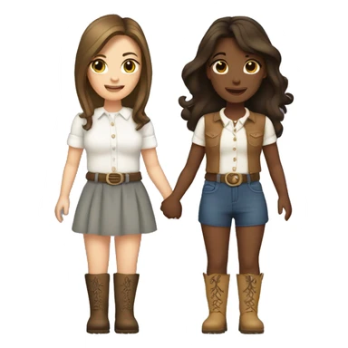 two brunette sisters both white, one with long hair, one with short hair. They are holding hands in cute mini dresses and cowboy boots sticker