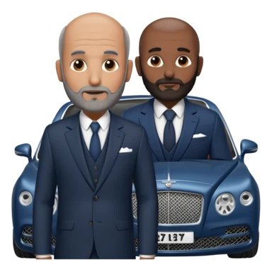Slightly Balding with frencb beard graying indian guy in suit with a bentley names professor bw tlt sticker