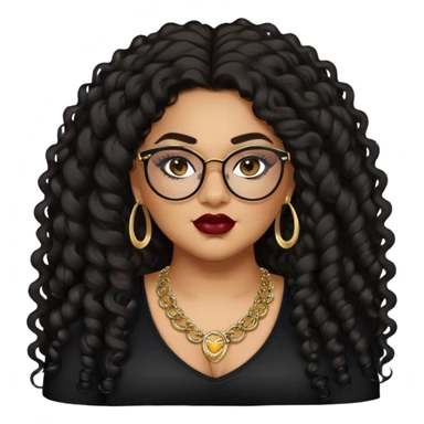 teen big plus size, latina, darker tan skin, gold jewelry, long black curly hair, baddie,pretty, makeup, dark red lipgloss, black eyeliner, long hair, black top, black glasses sticker