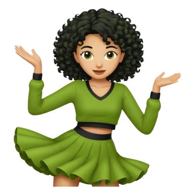 a woman with olive skin tone and curly black hair wearing green and dancing sticker