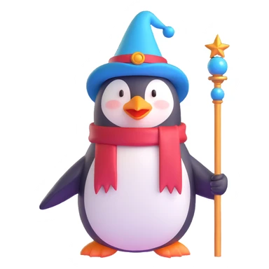 A penguin wizard with a magical staff and a pointy hat sticker