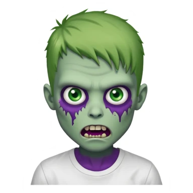 zombie boy with outgrown hair and wearing a white shirt with green prominent eyes and an evil mouth either open, purple skin sticker