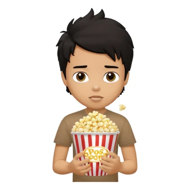 generate a pretty tan bratz boy with a brown tshirt on. eating a popcorn. messy black hair sticker