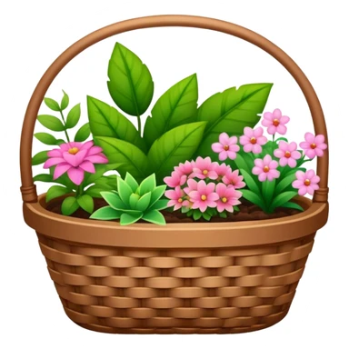 A brown basket of different types of plants with some pink aesthetic motives on the basket in an ios 18 emoji  sticker