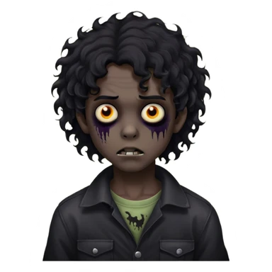 Boy, zombie, black curly wavy hair, medium long, round shaped hair, emo, dark, spooky, creepy expression sticker