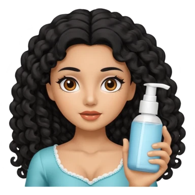 Uma boneca morena com olhos castanhos e cabelo cacheado longo preto, fazendo skin care sticker