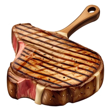 Cinematic thick-cut t-bone steak, perfectly seared with grill marks, a grilled center, rich and savory, warm glow, sizzling and mouthwatering, highly detailed and appetizing. sticker