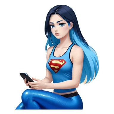 Shameful disappointed crying-very very very very big chest-texting on a samsung cell phone-very long straight flowing black to sky blue hair ombre-blue eyes-black eyeliner-long eyelashes-plastic sparkling sky blue very low cut tank top with sparkling superman logo-black leggings-nike sneakers sticker