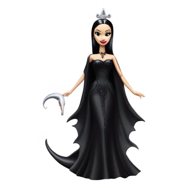 Victorian evening dressed, Teen Morticia Addams Barbie Jedi wearing a mini tiara, riding on the back of a very large black shiny evil-looking fire-spewing horned dragon sticker