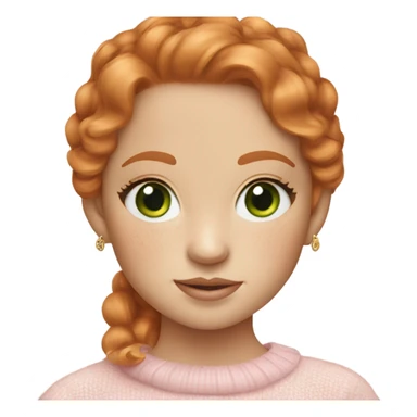 please make a ginger girl with freckles and green eyes with long eyelashes, wearing gold designer earrings and a ralph lauren jumper in baby pink  sticker