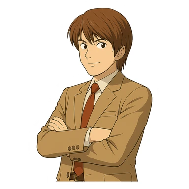Make this exact Light Yagami in Ghibli style, standing with his arms crossed and body slightly turned to the left, same suit, same confident expression. Match the face, hair, and suit details exactly to the reference. Transparent background. sticker