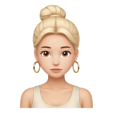 “Emoji girl, flawless skin, light peach blush, natural fluffy brows, glossy nude lips, sleek low bun, small gold hoops, minimalist white tank top.” sticker