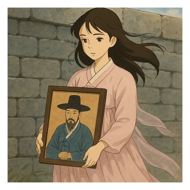 a young woman in a pale pink sheer hanbok holding a traditional Korean portrait in front of a grey stone wall, subtle wind moving her dress and hair, ghibli style sticker