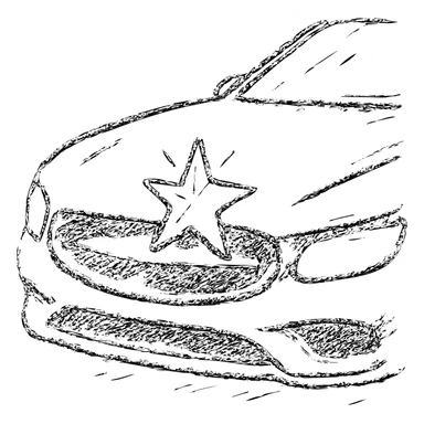 hand-drawn outlined icon of a bright star on a glossy black car surface, subtle reflections, gold or silver details, clean and modern sticker