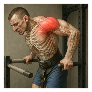 Hyperrealistic 4K anatomical illustration of a man performing a dip on parallel bars in a lateral position as in the reference image. Expression of discomfort, shoulder area with signs of inflammation and swelling. Muscles and bones highlighted, gym atmosphere. Variant 6. sticker