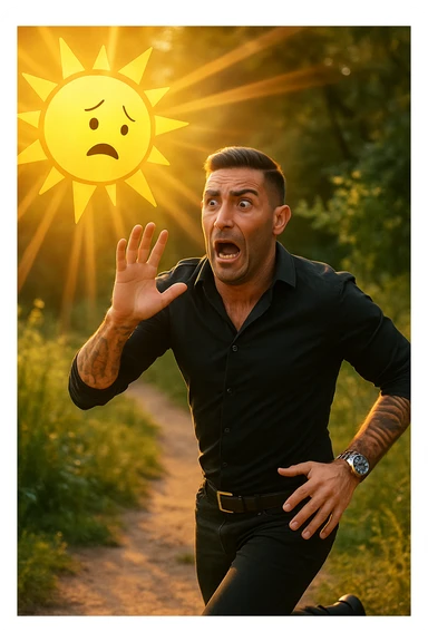 Uomo che corre via dal sole spaventato perchè pensa sia nocivo realistica sticker