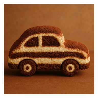 side view of a small car made from tiramisu, with visible layers of coffee-soaked cake and mascarpone, dusted cocoa on top, whimsical and appetizing sticker
