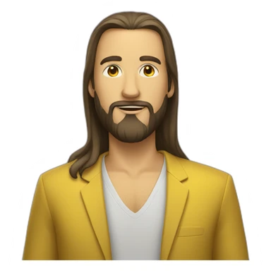 A man with long hair, a beard and a black shirt behind a yellow suit sticker