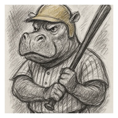 hippo holding a baseball bat, wearing a yellow helmet, pinstripes outfit sticker