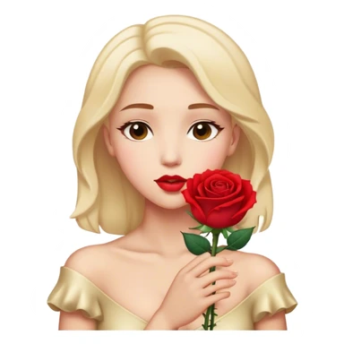 Cinematic Elegant Aurora Portrait Emoji, Delicately holding a single red rose, gazing with soft wonder, lips gently parted as if about to sing, the picture of grace and elegance, glowing with royal charm! sticker