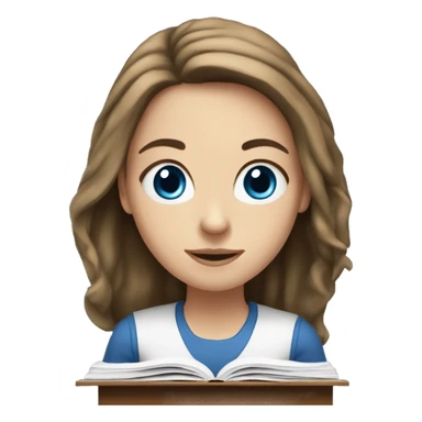 white girl studying at desk, brown hair, blue eyes, computer sticker