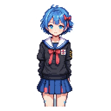 Pixel art anime girl with short bright blue hair wearing Japanese sailor style school uniform, standing with hand on hip but shyly glancing down with a small blush, small timid wave, very shy sticker