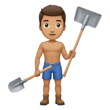 man holding 1 shovel pointed to his thigh sticker