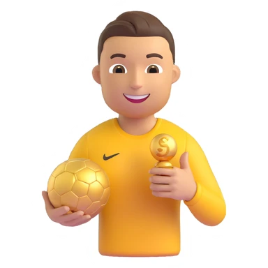 Christiano Ronaldo as a 3D emoji, smiling, holding a golden ball, simple background sticker