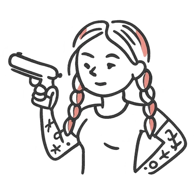 A character with red and white braided hair, tattoos on her arms, holding a gun sticker