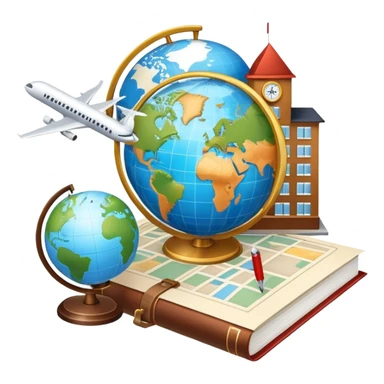 An icon featuring a hotel building, and a globe, symbolizing the scientific study of tourism and hospitality. The design includes a map, a plane and train, a compass, and a checklist, representing travel planning and service management. Transparent background sticker