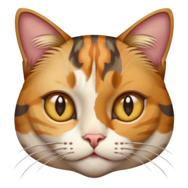 full body anxious looking colourful light calico tabby cat with hazel eyes  and half of face in brown tabby sticker