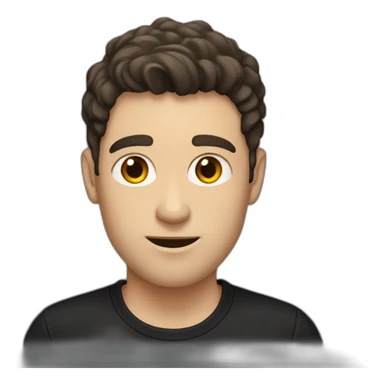 a slim white man with messy short dark brown hair, with a black t-shirt, side ears sticker