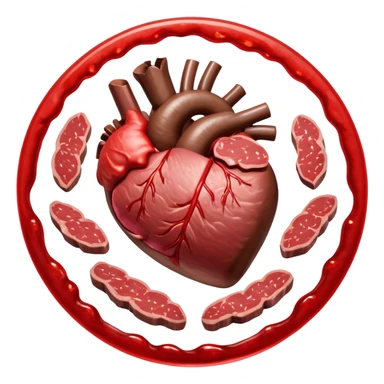 Several cuts of steak, beef, and liver arranged in a circle around a pulsing heart and bright red blood cells. Red energy flows from the meat into the blood cells, which then carry oxygen to the heart and muscles, representing iron's role in energy production. sticker